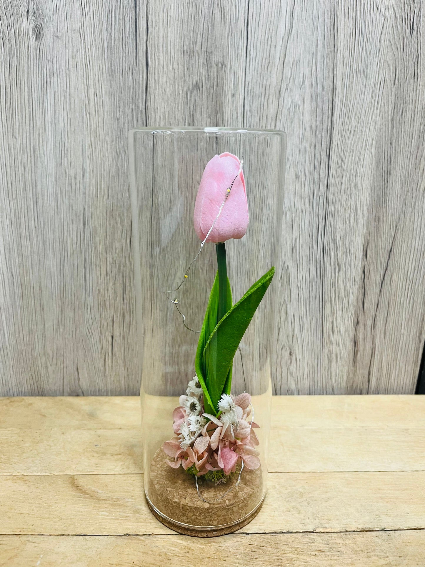【台灣現貨】CG-001柱形玻璃盅+軟木塞底座(附燈條電池) 不凋花容器 攝影道具 室內裝飾 手作 玻璃罩 花藝